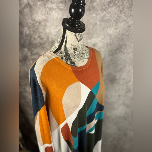 Renuar Soft White, Orange, Blue Geometric Pattern Sweater Crew Neck, Size XL/TG - Picture 7 of 10